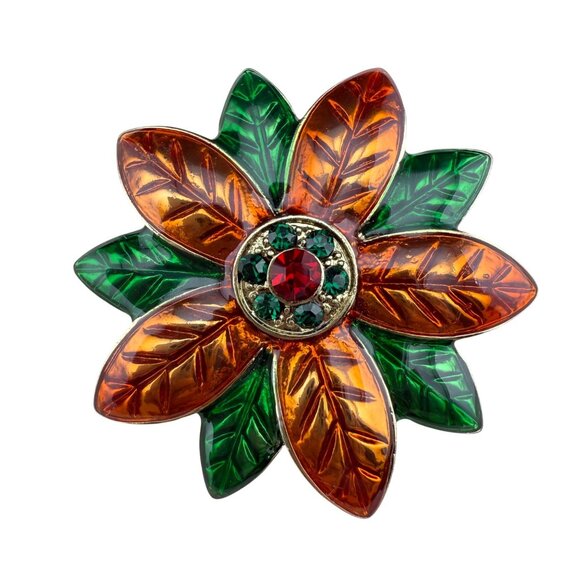 Vintage Leaf Brooch With Orange & Green Accents And Rhinestone Center - Picture 1 of 5
